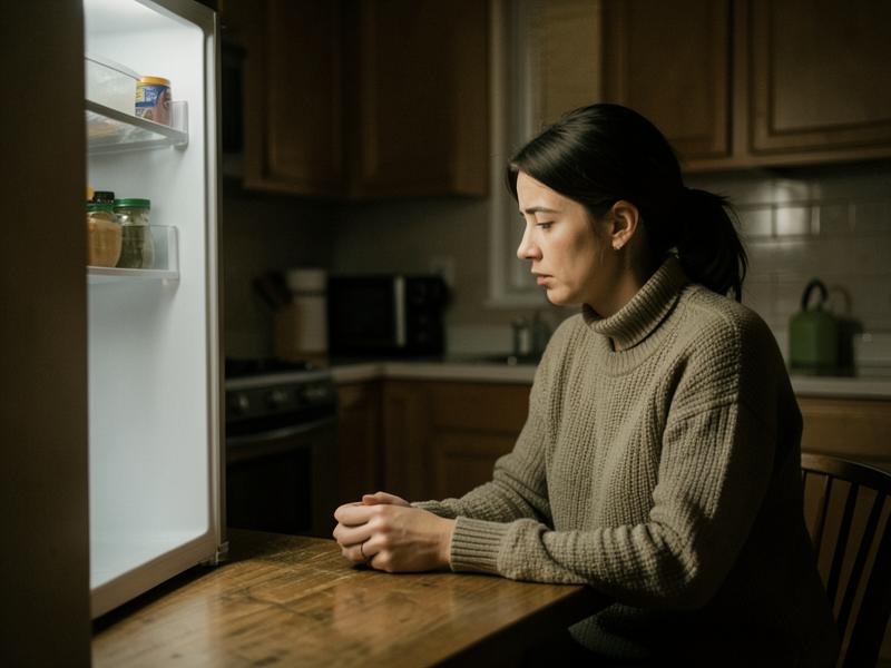 Mujer cansada frente al refrigerador pensando qué cocinar